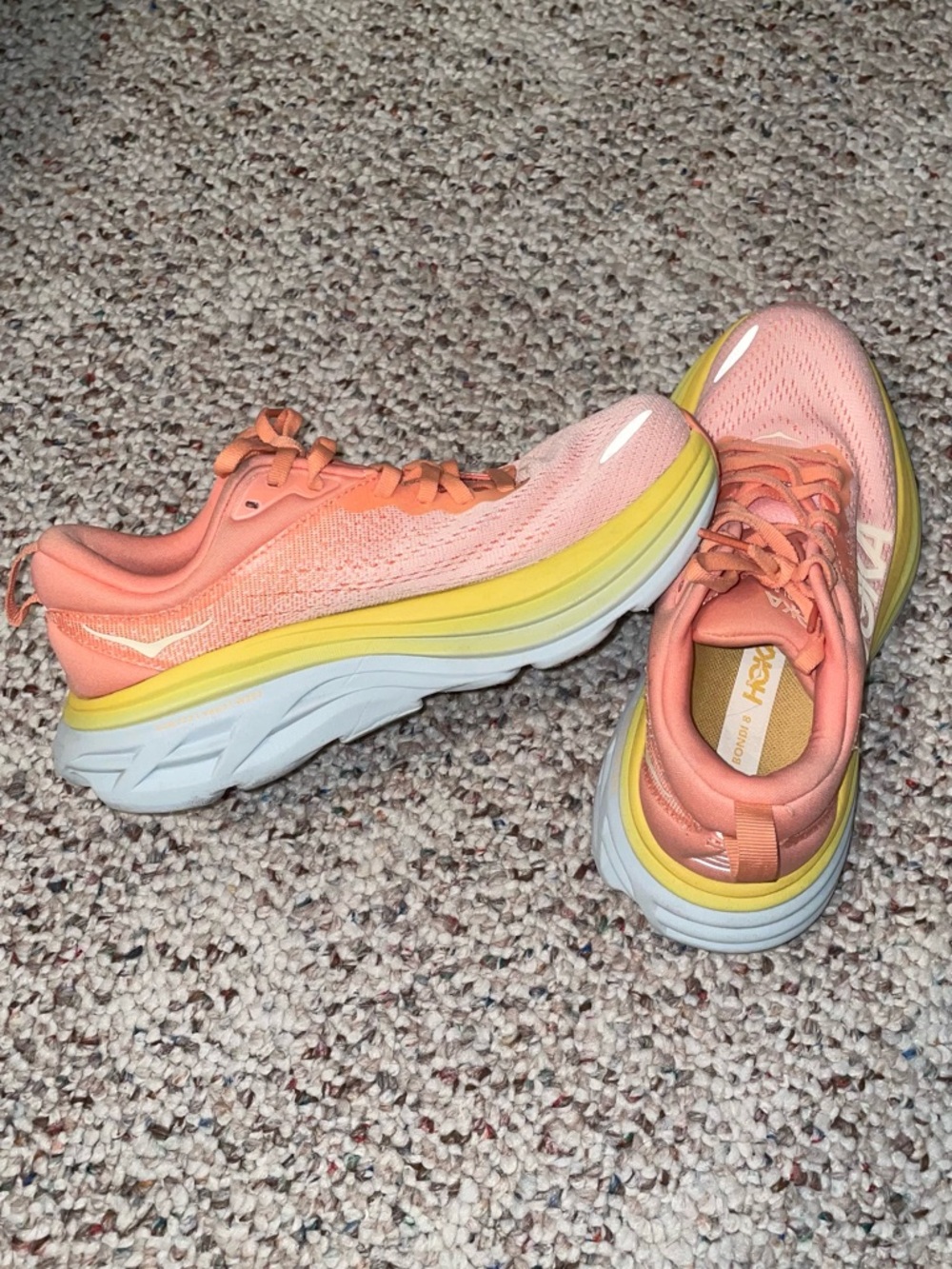 Hoka Women’s Running Shoe - Coral Peach with Yellow and Baby Blue